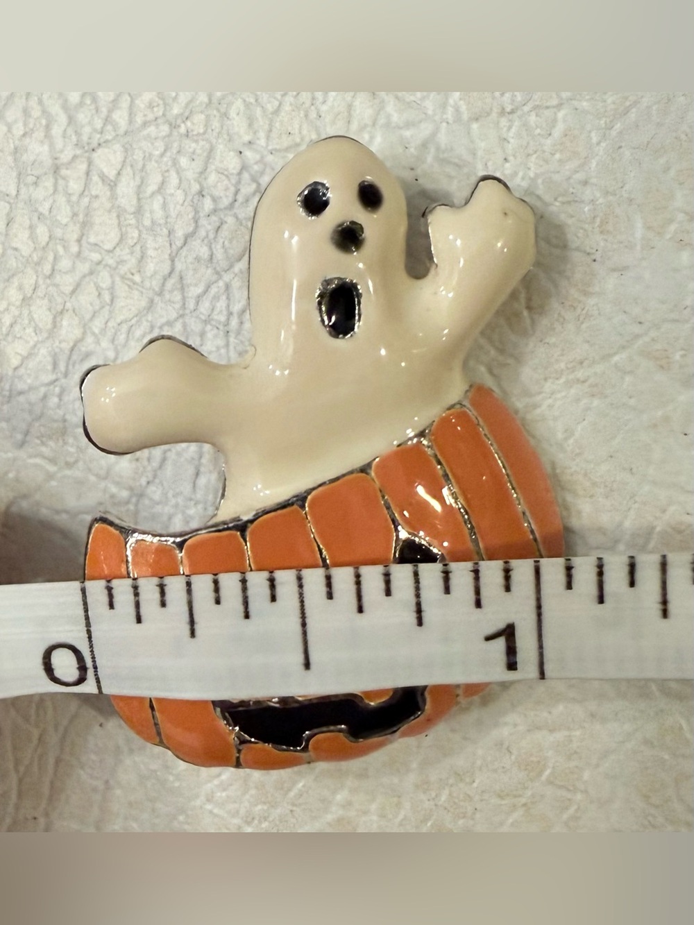 Halloween Ghost in Pumpkin enamel brooch - White and Orange - Picture 6 of 8